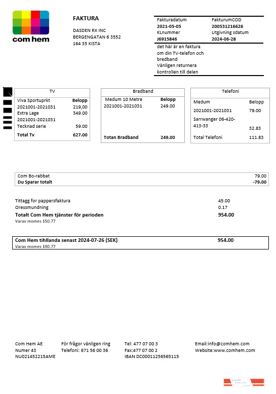 Sweden Com Hem business utility bill template in Word and PDF formats